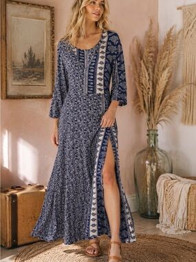 Vintage Navy and Cream Floral Maxi Dress with Side Slits Boho Aesthetic